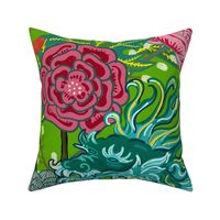 EXTRA LARGE CHIANG MAI  LEAF GREEN AND EMERALD DRAGONS and matching colors and pop of fuschia