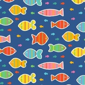 Bright Stripe Fish with White Outlines Swimming with Small Fish on Marine Blue