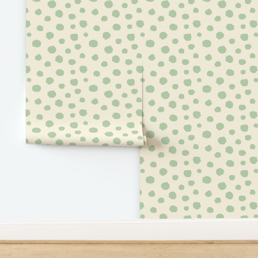 Art Deco Bi-plane Clouds - retro fern mint green on cream polka dots