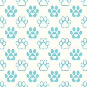 Smaller Scale Paw Prints in Pool Blue on Natural Ivory
