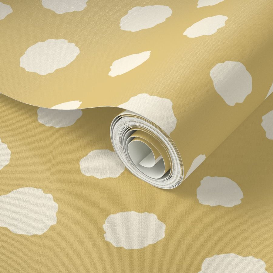 Art Deco Bi-plane Clouds - cream on retro honey mustard yellow  polka dots