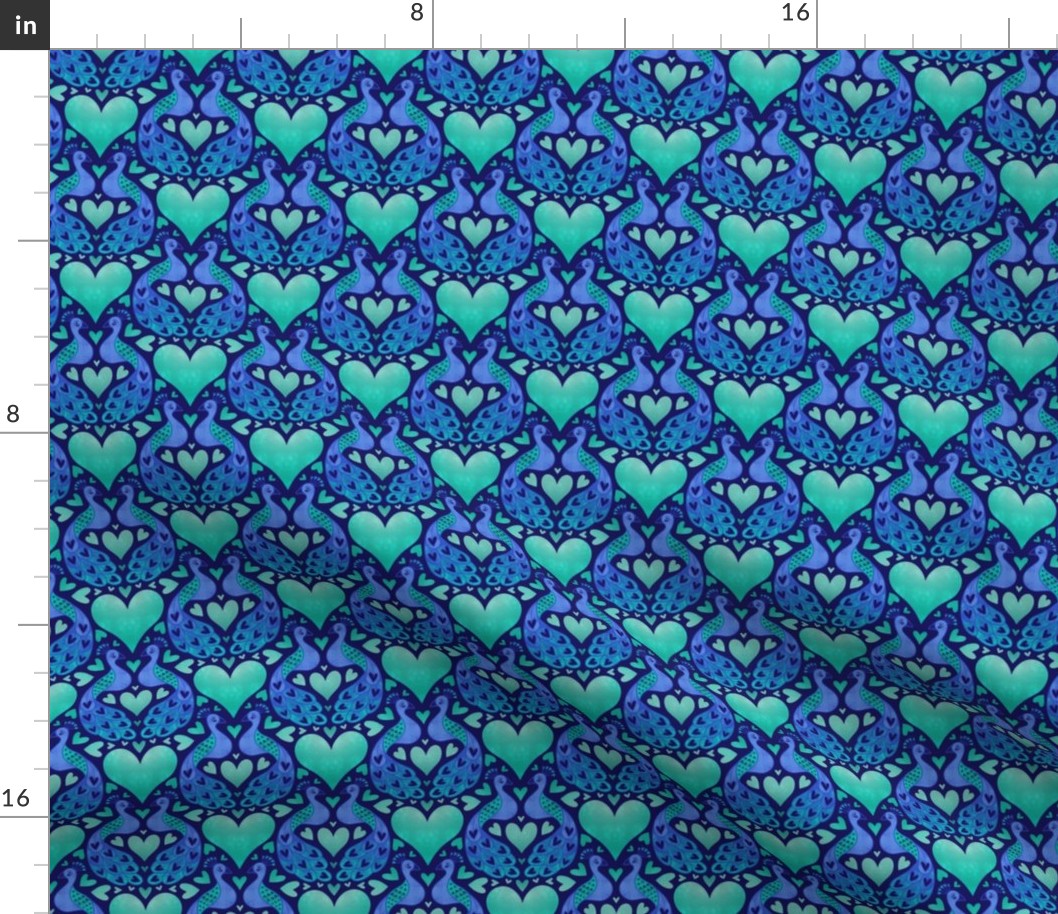 S – Blue Peacock Hearts – Navy & Aqua Peacocks in Love Damask Heart Pattern