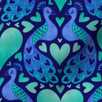 M – Blue Peacock Hearts – Navy & Aqua Peacocks in Love Damask Heart Pattern