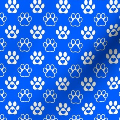 Smaller Scale Paw Prints White on Cobalt Blue