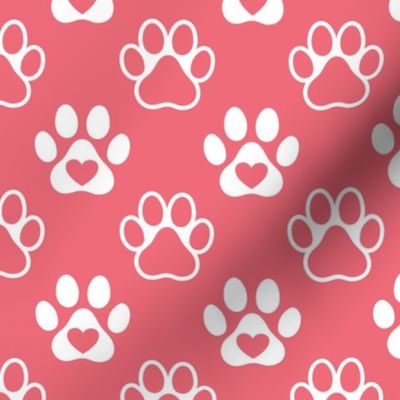 Bigger Scale Paw Prints White on Watermelon Pink