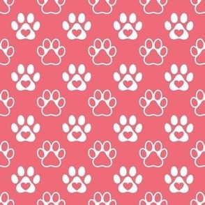 Smaller Scale Paw Prints White on Watermelon Pink