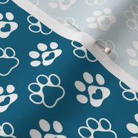 Smaller Scale Paw Prints White on Peacock Blue