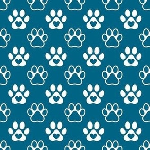 Smaller Scale Paw Prints White on Peacock Blue