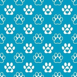 Smaller Scale Paw Prints White on Caribbean Blue