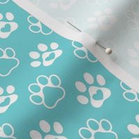 Smaller Scale Paw Prints White on Pool Blue