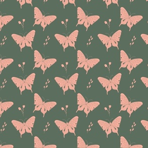 Pink Butterflies and flowers Pattern On Green