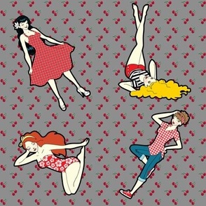 RETRO PINUP GIRLS WITH CHERRY BACKDROP ON GRAY