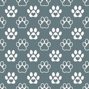 Smaller Scale Paw Prints White on Slate Grey/Green