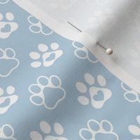 Smaller Scale Paw Prints White on Fog Blue