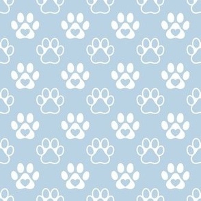 Smaller Scale Paw Prints White on Fog Blue