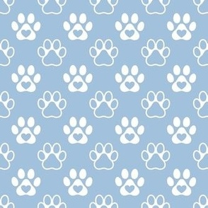 Smaller Scale Paw Prints White on Sky Blue