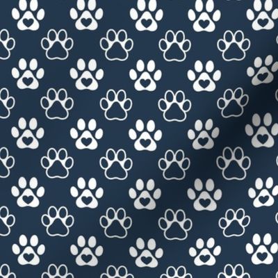 Smaller Scale Paw Prints White on Navy Blue