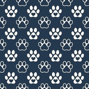 Smaller Scale Paw Prints White on Navy Blue
