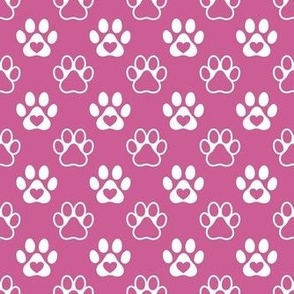 Smaller Scale Paw Prints White on Peony Pink