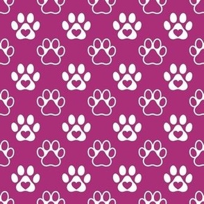 Smaller Scale Paw Prints White on Berry Pink