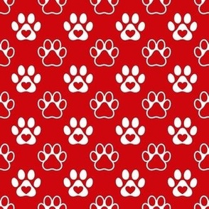 Smaller Scale Paw Prints White on Poppy Red