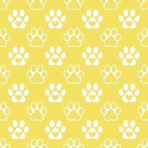 Smaller Scale Paw Prints White on Buttercup Yellow