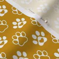 Smaller Scale Paw Prints White on Mustard