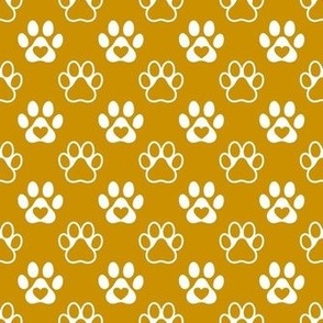 Smaller Scale Paw Prints White on Mustard