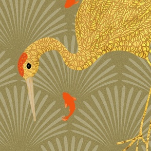 Extra Large Art Deco Golden Japanese Cranes Feast 24x24