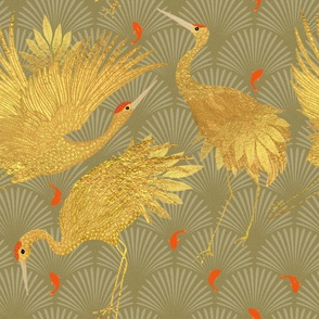 Extra Large Art Deco Golden Japanese Cranes Feast 24x24