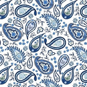 Small Cornflower Blue Paisleys on White