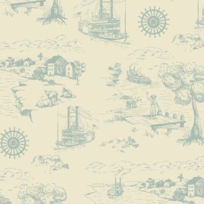 Riverboat Toile de Jouy teal and ivory 2077-29