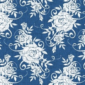 Small White Distressed Victorian Roses on Aegean Blue Woven Texture