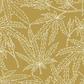 Sweet Leaf - Hand Drawn Outline Cannabis Leaf - Marijuana Pot Plant - Ochre & Cream