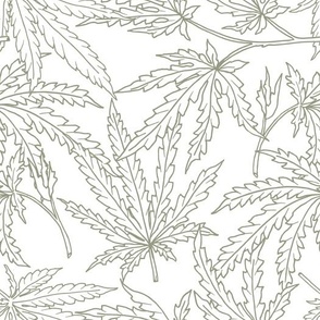 Sweet Leaf - Hand Drawn Outline Cannabis Leaf - Marijuana Pot Plant - White & Sage