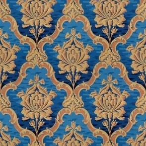1910 Vintage French Floral Ombre Damask in Bronze and Sapphire
