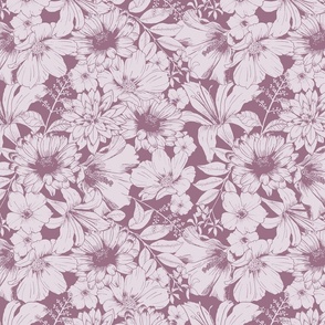 Allover duotone garden flowers pink lilac purple - large scale