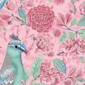 Bird & Floral Chinoiserie Dream in Pink & Teal
