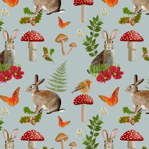 Rabbits and red toadstools, mushrooms, woodland decor, blue-gray