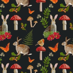 Rabbits and red toadstools, mushrooms, woodland decor, dark background