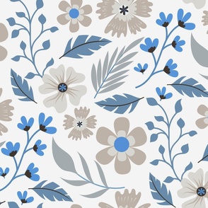 Mid Century Flower And Leaf Pattern Blue Beige