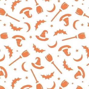 Witches hats broomstick bat stars and moon halloween design minimalist design orange on white