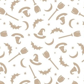 Witches hats broomstick bat stars and moon halloween design minimalist design tan beige on white