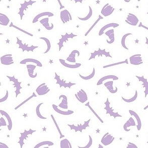 Witches hats broomstick bat stars and moon halloween design minimalist design lilac on white