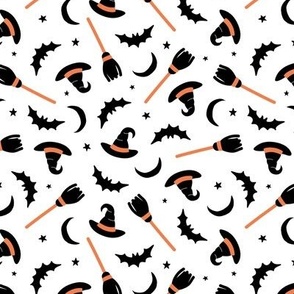 Witches hats broomstick bat stars and moon halloween design minimalist design orange black on white
