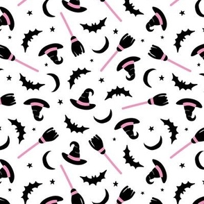 Witches hats broomstick bat stars and moon halloween design minimalist design black pink on white