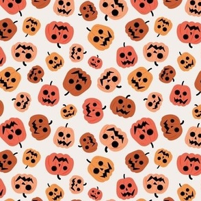 Spooky carved halloween pumpkins - cutesy style boho retro fall design orange red blush autumn palette on ivory