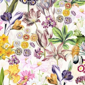 Nostalgic Hand Painted Antique Springflowers Antiqued Daffodil, Vintage Crocus, Tulips, Anemone,  Primula, Double Layer off white