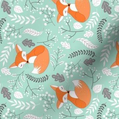Fox - Sleepy Foxes (mint candy) Baby Nursery Woodland Animals Kids Childrens Bedding M4, ROTATED