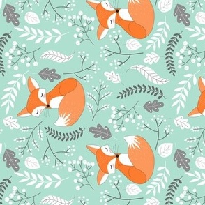 Fox - Sleepy Foxes (mint candy) Baby Nursery Woodland Animals Kids Childrens Bedding M4, ROTATED